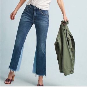Anthro Pilcro Hi Rise Two Tone Raw Hem Flare Jeans